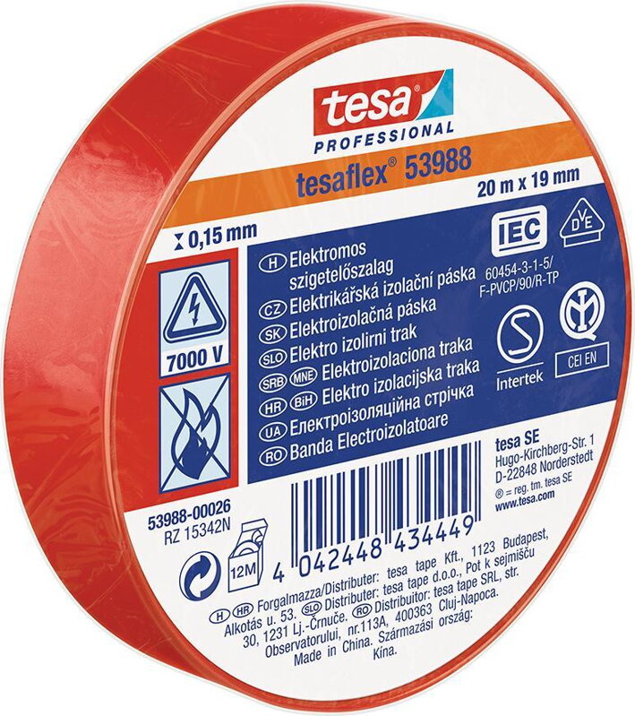Izolačná páska tesa® PRO tesaflex®, elektroizolačná, sPVC, 19 mm, červená, L-20 m