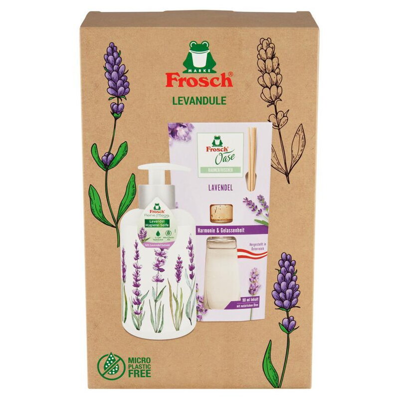 Súprava darčeková Frosch, levanduľa, difúzer a tekuté mydlo, 90 ml + 300 ml Súprava darčeková Frosch, levanduľa, difúzer a tekuté mydlo, 90 ml + 300 ml