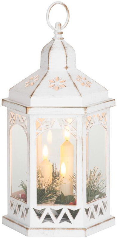 Lampáš MagicHome Morocco, biely, LED sviečky, 3xAAA, časovač, 18x15x32 cm